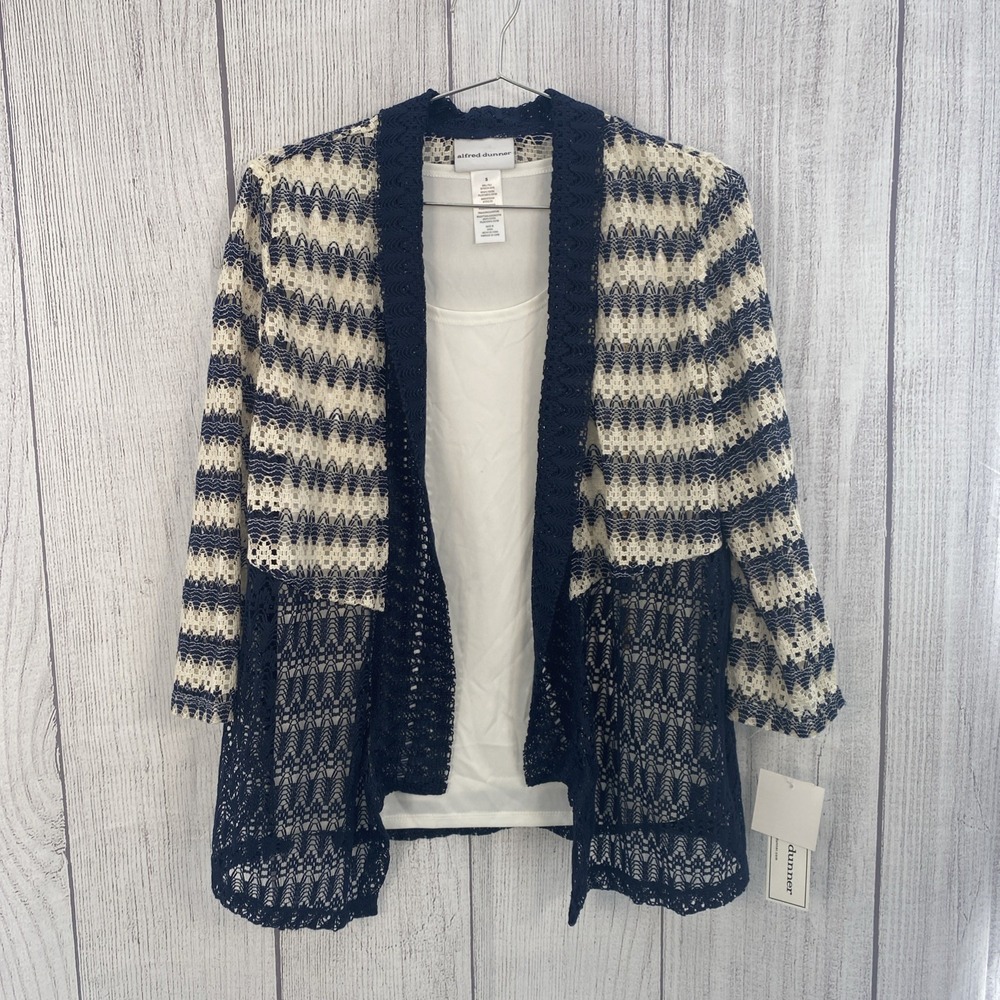 Alfred Dunner Top SMALL Cream Navy Blue Twofer Crochet Cardigan Tank Necklace
